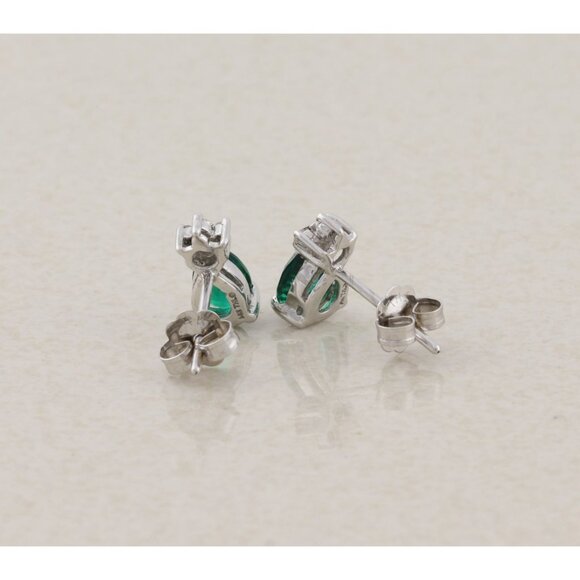 14k White Gold Lab Created Emerald & Diamond Earrings Stud Post Earrings 3/8" - Picture 5 of 9